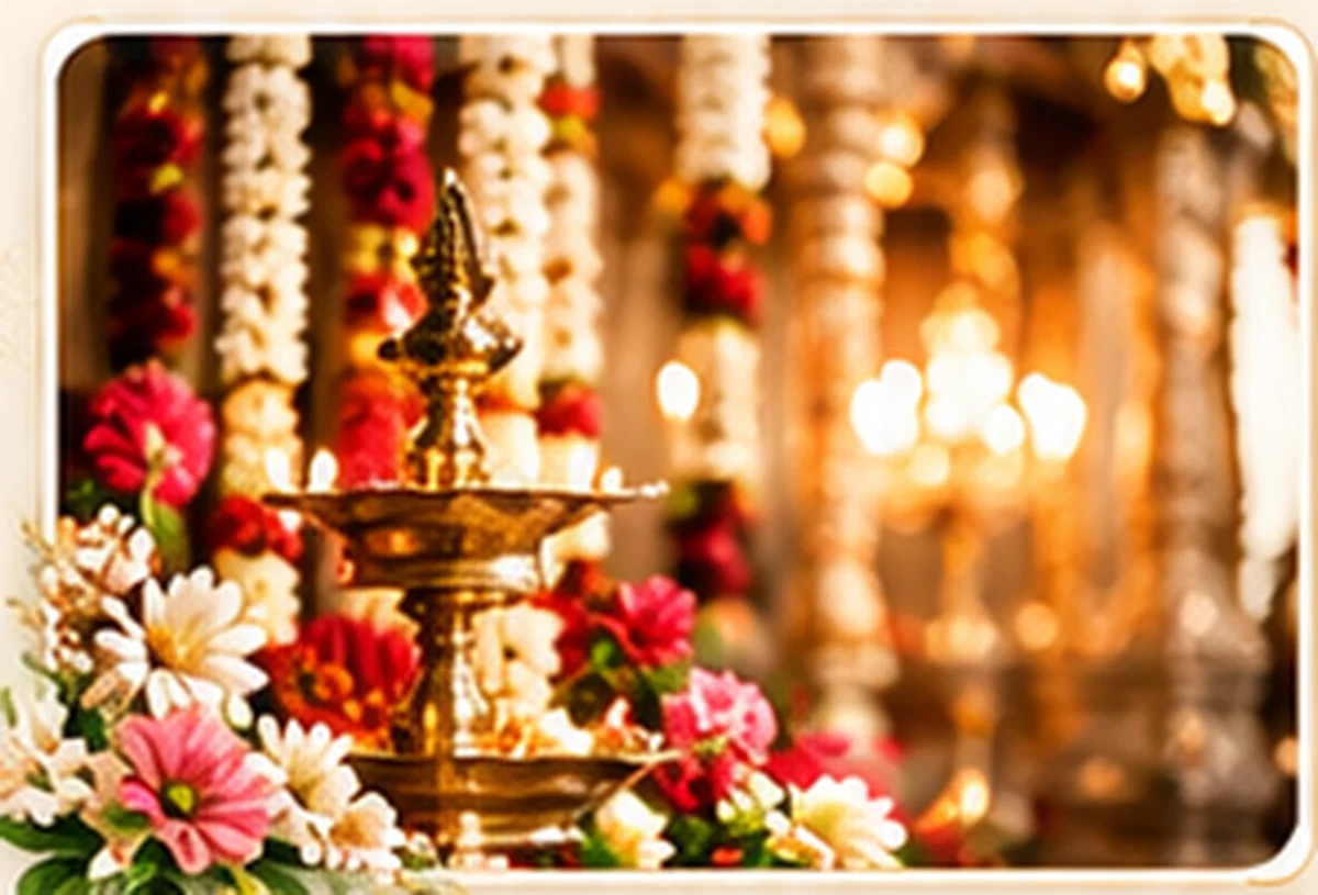 Brass lamp and jasmine garlands at a Tamil wedding
