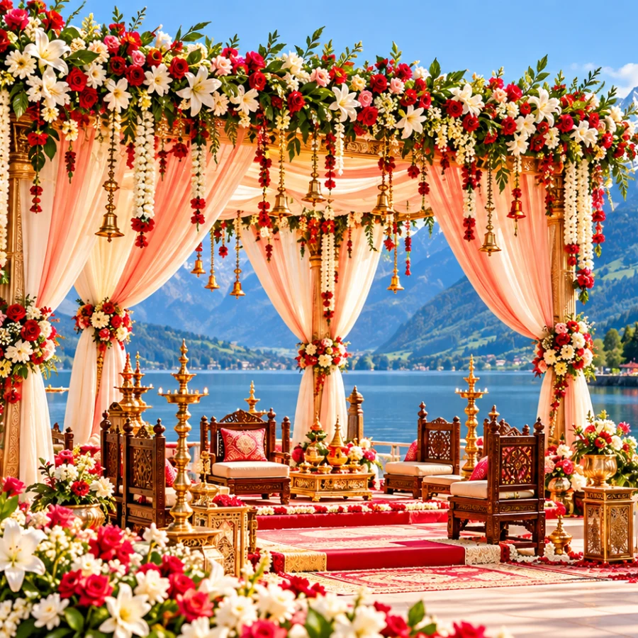 Wedding mandapam by a Swiss lake